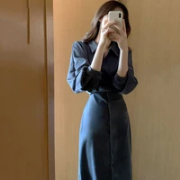 2022 spring new korean style retro temperament waist controlled slimming shirt dress women french style young overknee dress