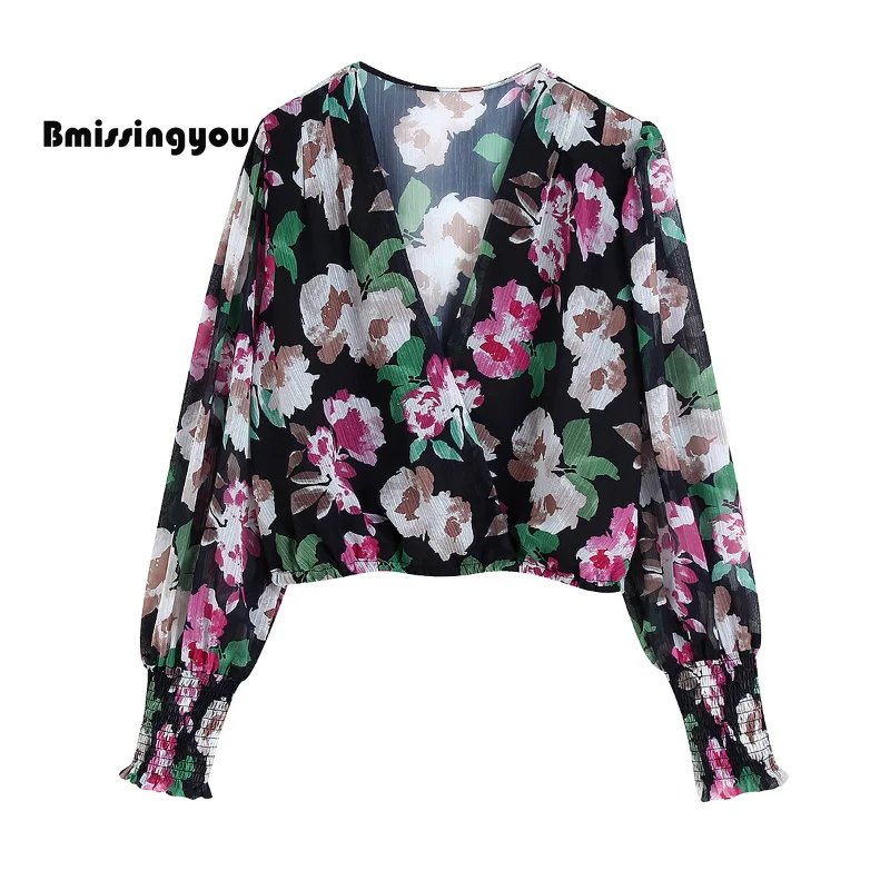 

Bmisssingyou Autumn Retro Fashion Print V Neck Long Sleeve Shirt Floral Print Top Blouse Blouse Short Style Women Tops