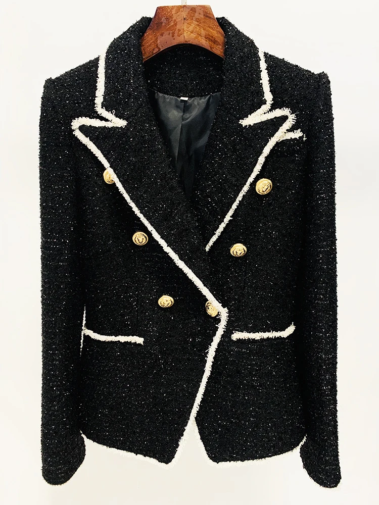 

HIGH STREET Newest Fashion 2023 Designer Jacket Women's Slim Fitting Lion Buttons Contrast Color Fringed Tweed Blazer