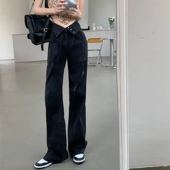 

High Waist Denim Wide Leg Pants Women's 2023 New Casual All-match Temperament Commuter Slimming Design Niche Pants