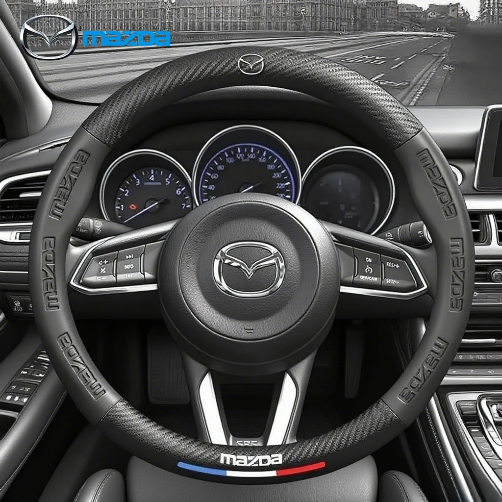 Фото Для Mazda 2 3 5 6 CX-4 CX-5 CX-7 CX-8 CX-30 CX-50 MX5 Miata RX-7 RX-8 Axela Atenza Автомобильный кожаный чехол на руль из углеродного волокна №1