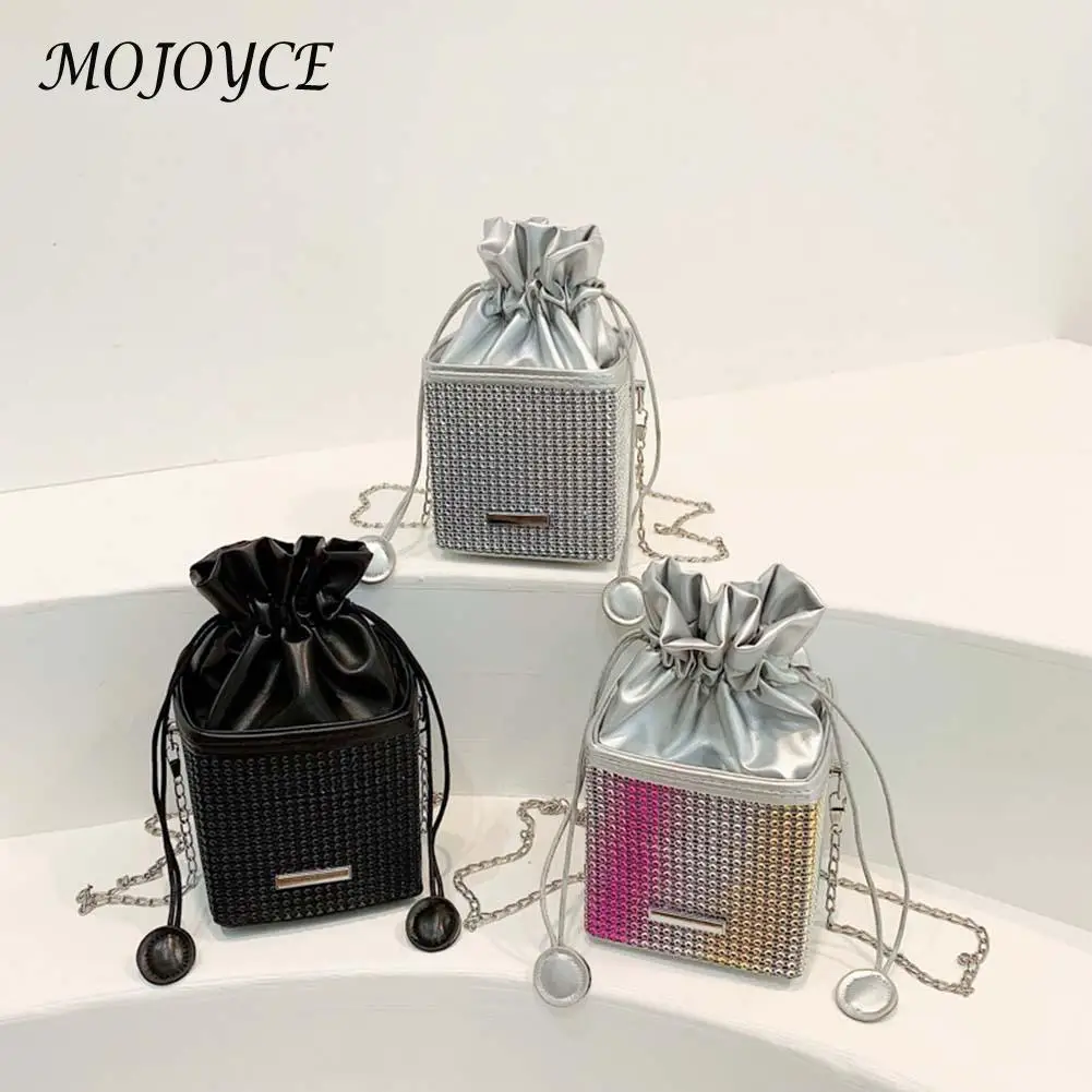 

Fashion Rhinestones Women Shoulder Bag Sparkling Diamond Box Drawstring Handbag Women Outdoor Business Traveling