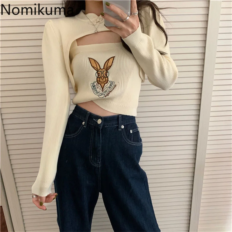 

Nomikuma Pull Femme Hiver 2022 Puff Sleeve Hollow Out Embroidery Knitted 2 Piece Sweater Women Retro Elegant Sexy Pullovers