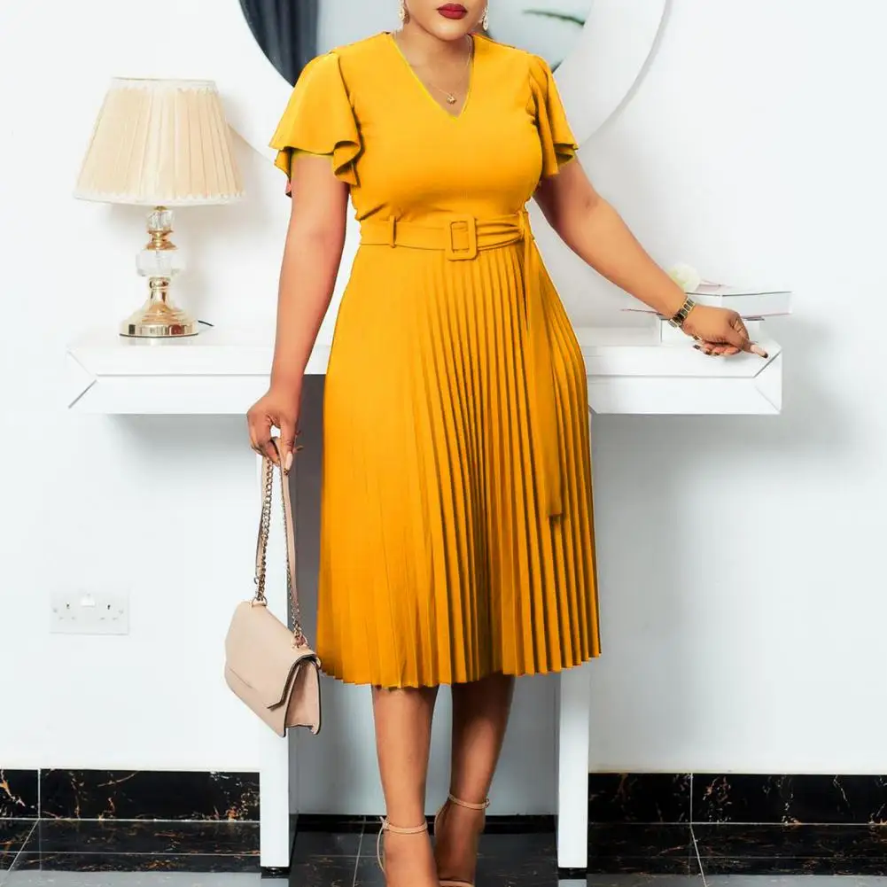 

Party Dress Elegant Office plus size dresses V-neck Pleated Hem Belt Elegant Dress Solid Ruffle Short Sleeve A-Line Dress Female