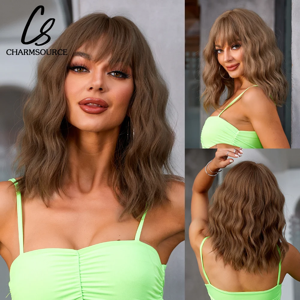 

Short Brown BoBo Curly Wig with Neat Bangs Shoulder Length Synthetic Wigs for Women Cosplay Daily Party Use Heat Resistant Fiber