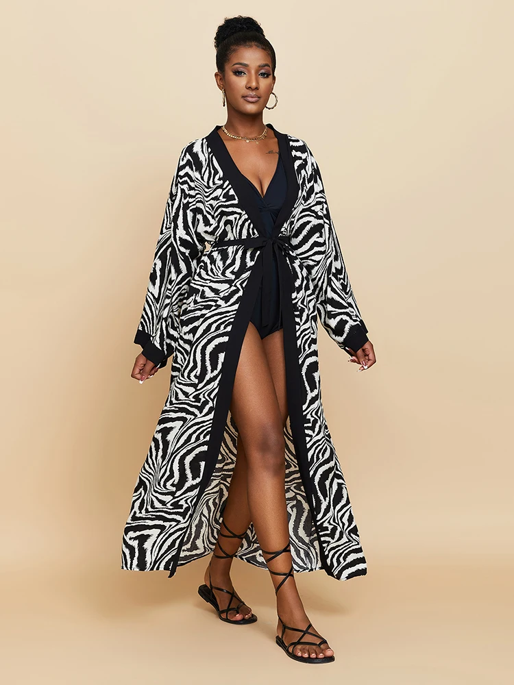 

Kimono Beach Cover-ups Rayon Print Zebra-stripe Kaftan Pareos Tunic For Beach Beachwear Black Belt Front Open Long Women Dress