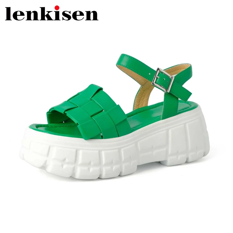

Lenkisen Natural Leather Peep Toe Thick Bottom Platform Summer Shoes Young Lady Daily Wear High Street Fashion Women Sandals L05