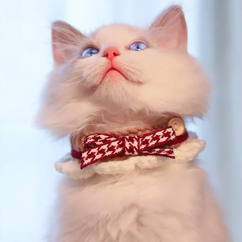 

Милые Слюнявчики для домашних животных, ручная вязка, регулируемый ошейник для котят, кошек, щенков с бантом, декоративный ошейник для домашних животных и собак