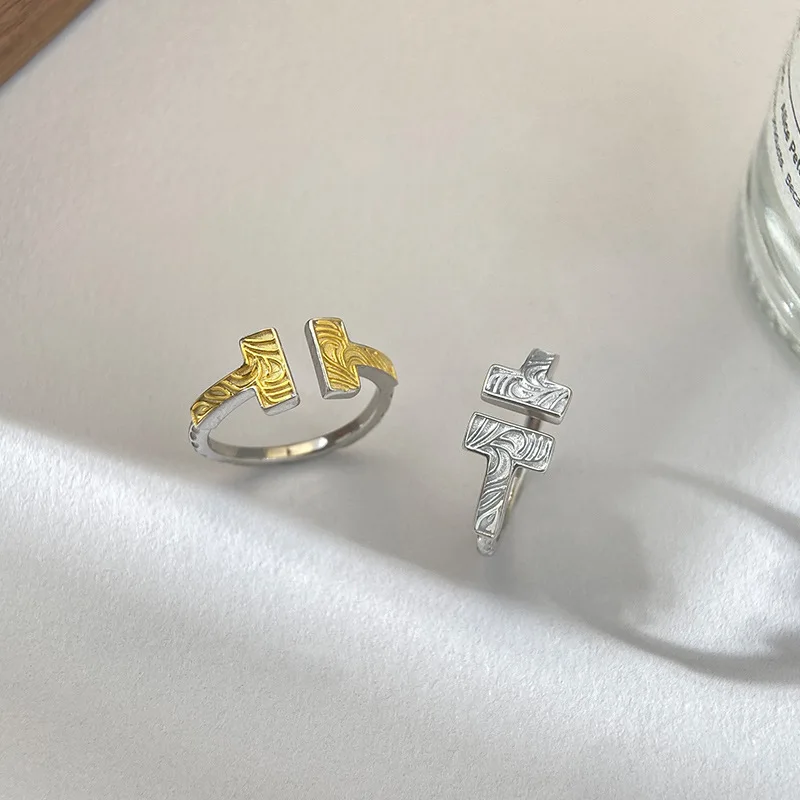 

Real 925 Sterling Silver Letter T Shape Open Rings Vintage Chinese Style Design Finger Ring Fine Jewelry for Women