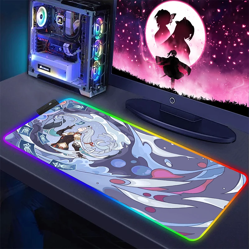 

Настольные коврики New Genshin, искусственная кожа, светодиодные настольные коврики в стиле аниме, милые игровые настольные аксессуары Kawaii, разноцветные коврики Xxl, коврик для мыши, ПК