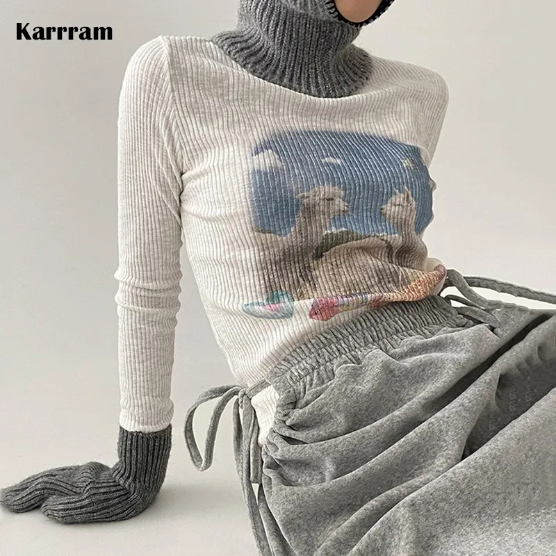 Karrram корейская модная дизайнерская одежда Y2k Топы сказочная графическая футболка с длинным рукавом ребристые футболки кавайная винтажная у...