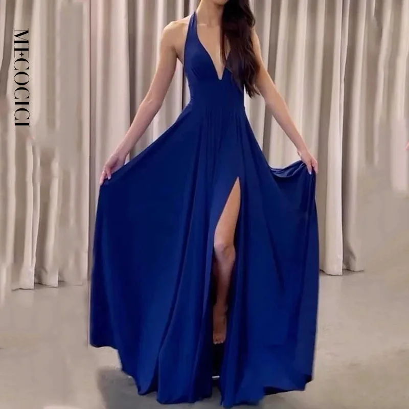 

MECOCICI Women Maxi Dress Fashion V Neck Solid Suspenders Sleeveless Backless Loose Elegant Party Beach Sexy Slits Dresses