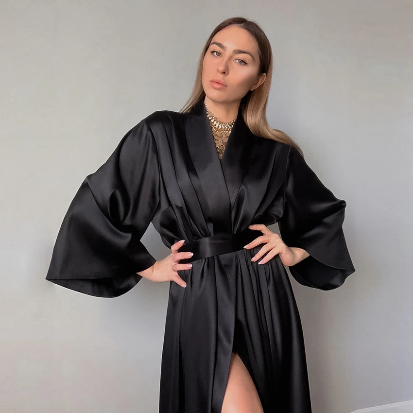 

Hiloc Black Satin Bathrobe Woman Dresses Flare Sleeves Long Robes Fashion Pajamas For Women'S Kimono Robe 2022 Spring Bathrobes