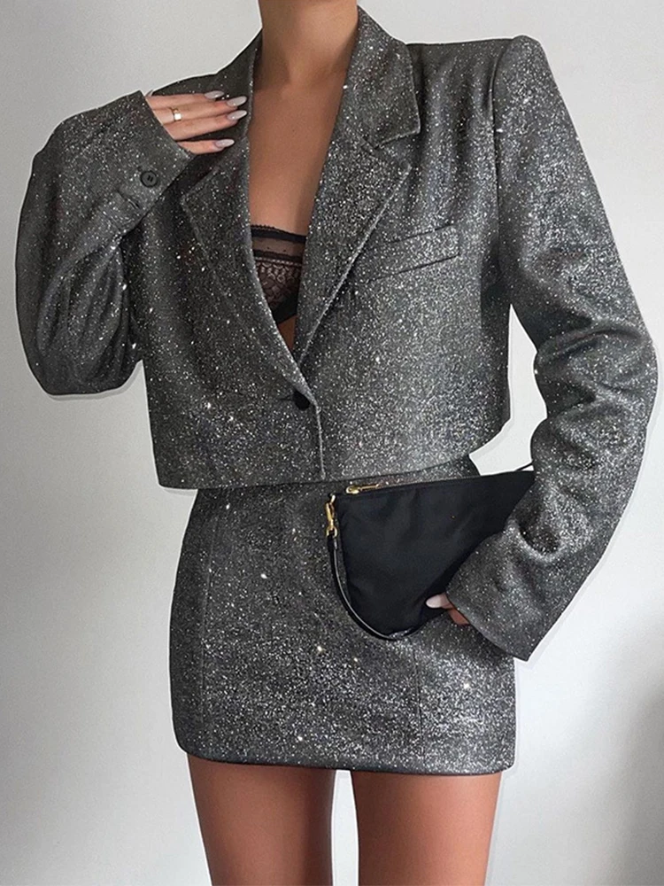 

Glitter Black Party Two Piece Skirts Set Women Sexy One Button Blazer Cropped High Waist Mini Skirt Suit Luxury Evening Clothing