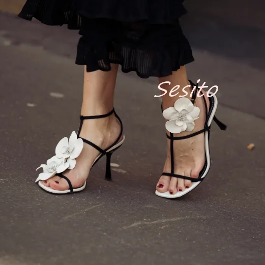 Сандалии женские с открытым носком Босоножки на тонких шпильках пряжкой цветком