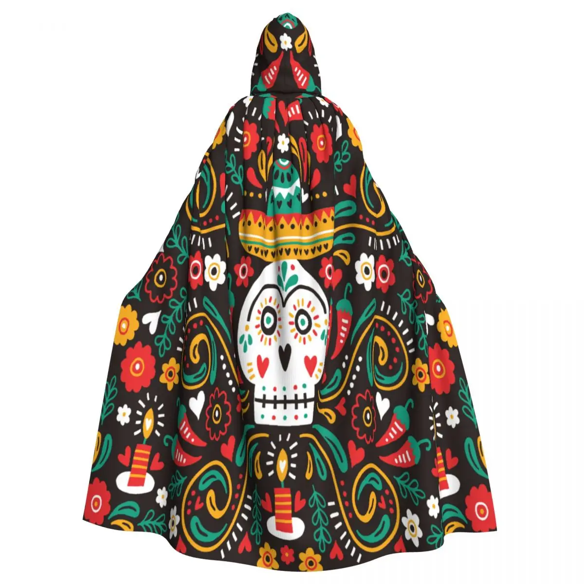 

Dia De Muertos Skull With Sombrero Hooded Cloak Polyester Unisex Witch Cape Costume Accessory