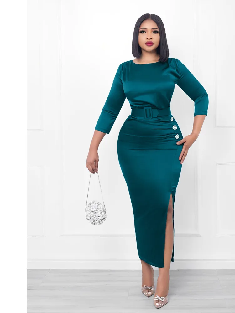 

Autumn Casual Solid Party Dress Women Sexy Split Long Sleeve Pleated Button Long Dress Ladies Fashion Maxi Winter Bodycon Dress