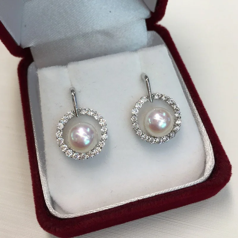 

AB904 Lefei Fashion Classic Luxury 7-8mm Freshwater Pearl Diamond-set Circle Earrings For Women 925 Silver Party Elegant Jewelry