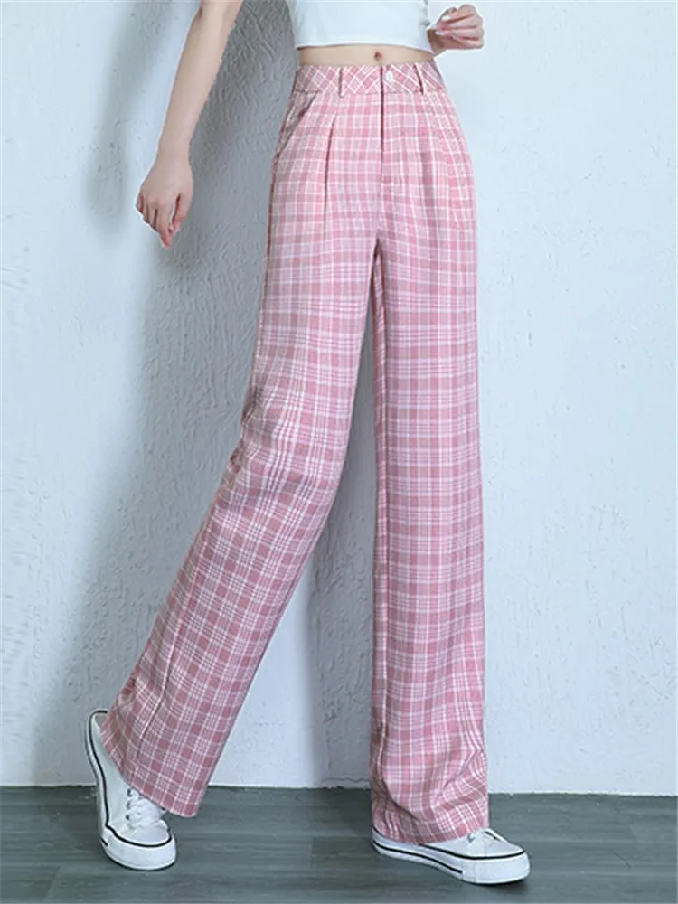 

Fashion High Waisted Plaid Wide Leg Pants 2022 Summer Women Vintage Elegant Loose Casual Pink Green Straight Trouser M-4XL 2685