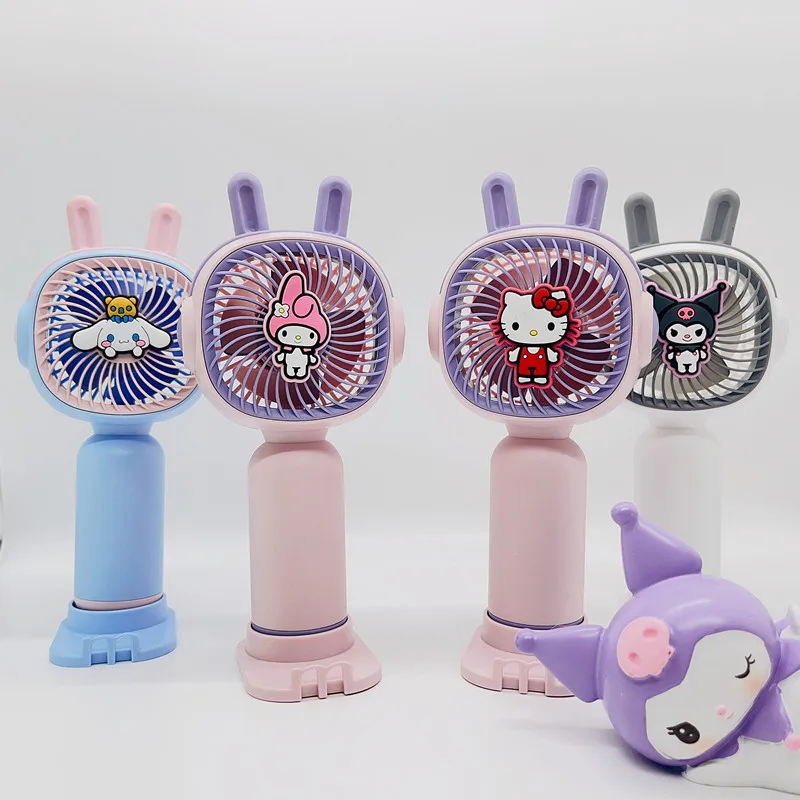 

New Sanrio Hello Kitty My Melody Kuromi Small Fan Portable Handheld Fan with Mobile Phone Holder Strong Wind USB Charging Summer