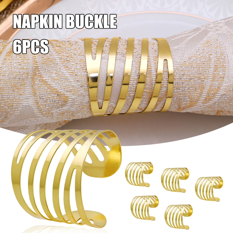 

6pcs Napkin Rings Wedding Party Table Decoration Hollow Gold Alloy Luxury Family Gatherings Everyday Use Napkin Buckle Holder