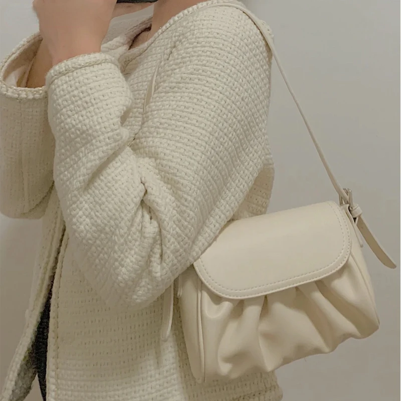 

2022 Vintage Pleated Cover Shoulder Bag Women Simple Advanced Elegant Chic All-match Gentle Young Fashion PU Leather Korean