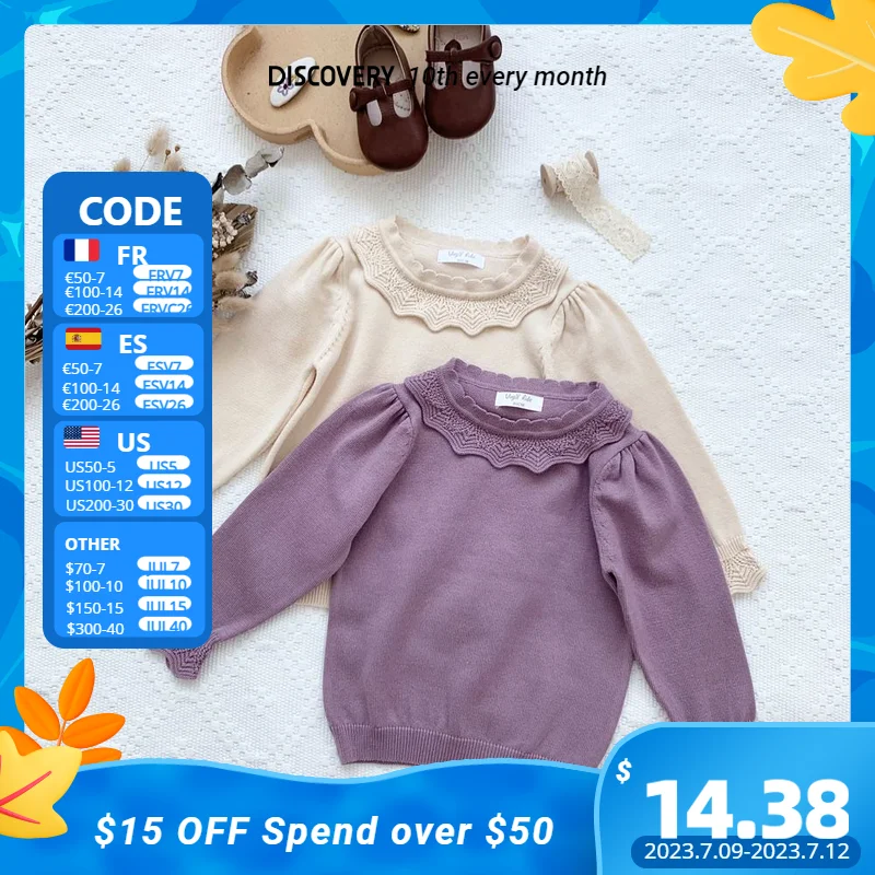 

Kids Coarse Sweater Lotus Collar Solid Color Pullover Knit Shirt For Little Girls Pure Cotton Sweat Hollow Toddler Fall Clothing