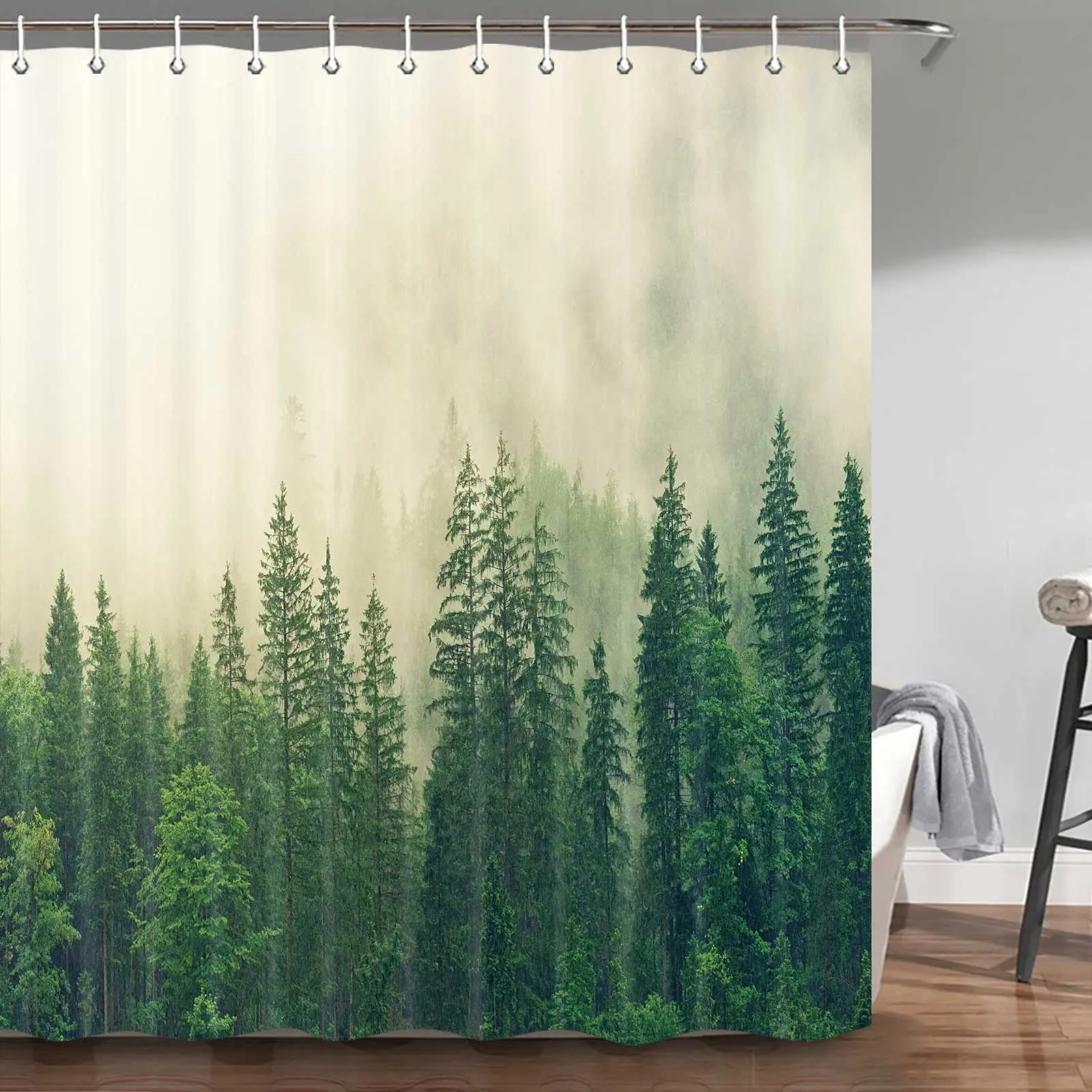 

Misty Forest Woodland Shower Curtains Nature Shower Curtain Fall Shower Curtain Waterproof Polyester Fabric Home Decor with Hook