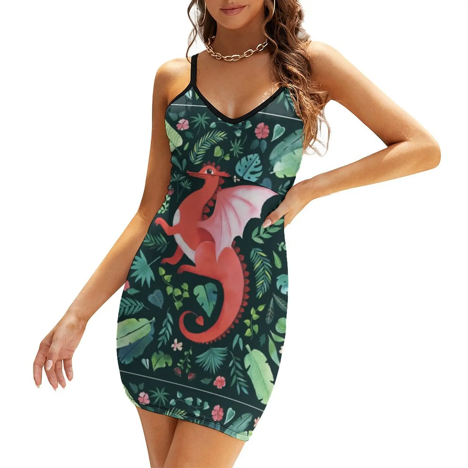 

Tropical Dragon Women's Sling Dress Top Quality Exotic Woman's Dress Humor Graphic Vacations Suspender Dress