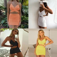 europe and the united states 2022 summer hot style solid color sexy slim polyester halter neck lace bag hip beach dress women