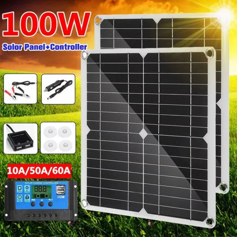 

100W Solar Panel Dual 18v/5v USB Waterproof Solar Cells Poly Solar Cells With 10/30A Controller for Car Yacht RV Battery Charger