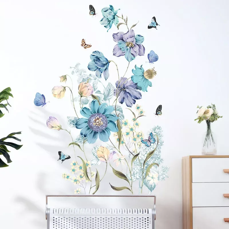 

NEW2022 Painted Blue Flower Butterfly Wall Sticker Living Room Bedroom Background Home Decoration Self-adhesive Wallpaper Plant