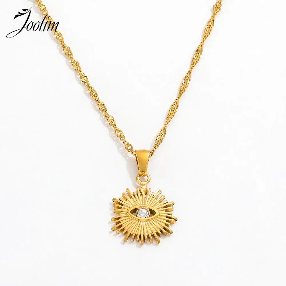 

Joolim Jewelry High End PVD Wholesale Delicate Sun Burst Eye Shaped Zirconia Twisted Chain Stainless Steel Necklace for Women