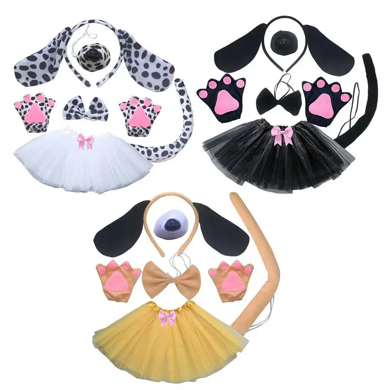 

6PCS Children Cosplay Dog Ballet Skirt Set Halloween Outfit With Ears Bowtie Fake Nose Tail Paw Props Kids Play House Toys Gifts