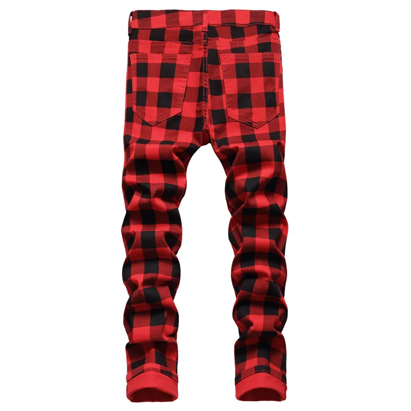 2022 England Style Stylish Red Plaid Men Stretch Slim Jeans Trousers Fashion Patchwork Women Pencil Cotton Casual Pants Pantalon