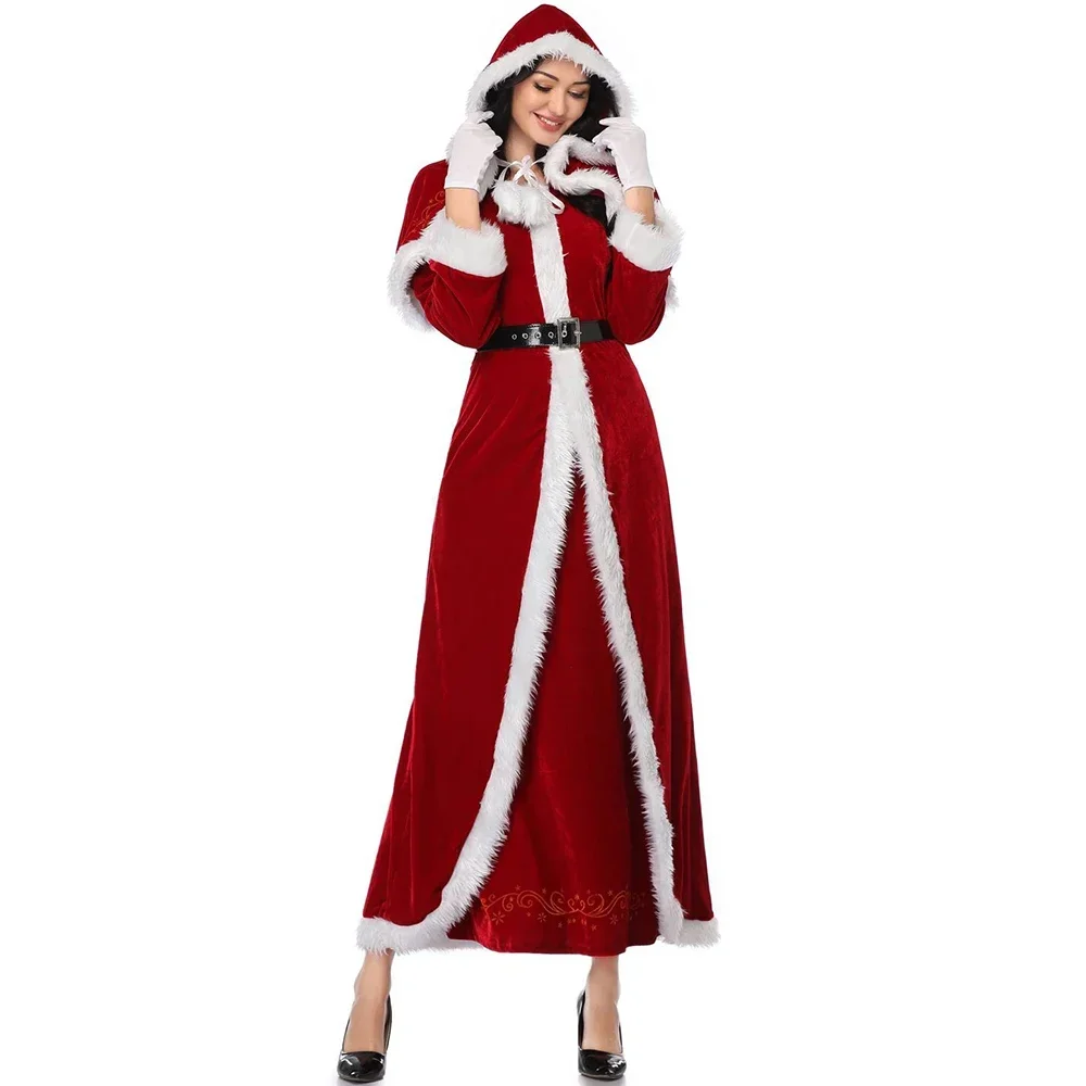 

Carnival Party Velvet Sexy Hooded Winter Christmas Cosplay Costumes Santa Claus Cloak Women Sexy Christmas Cape Long Dress Suit