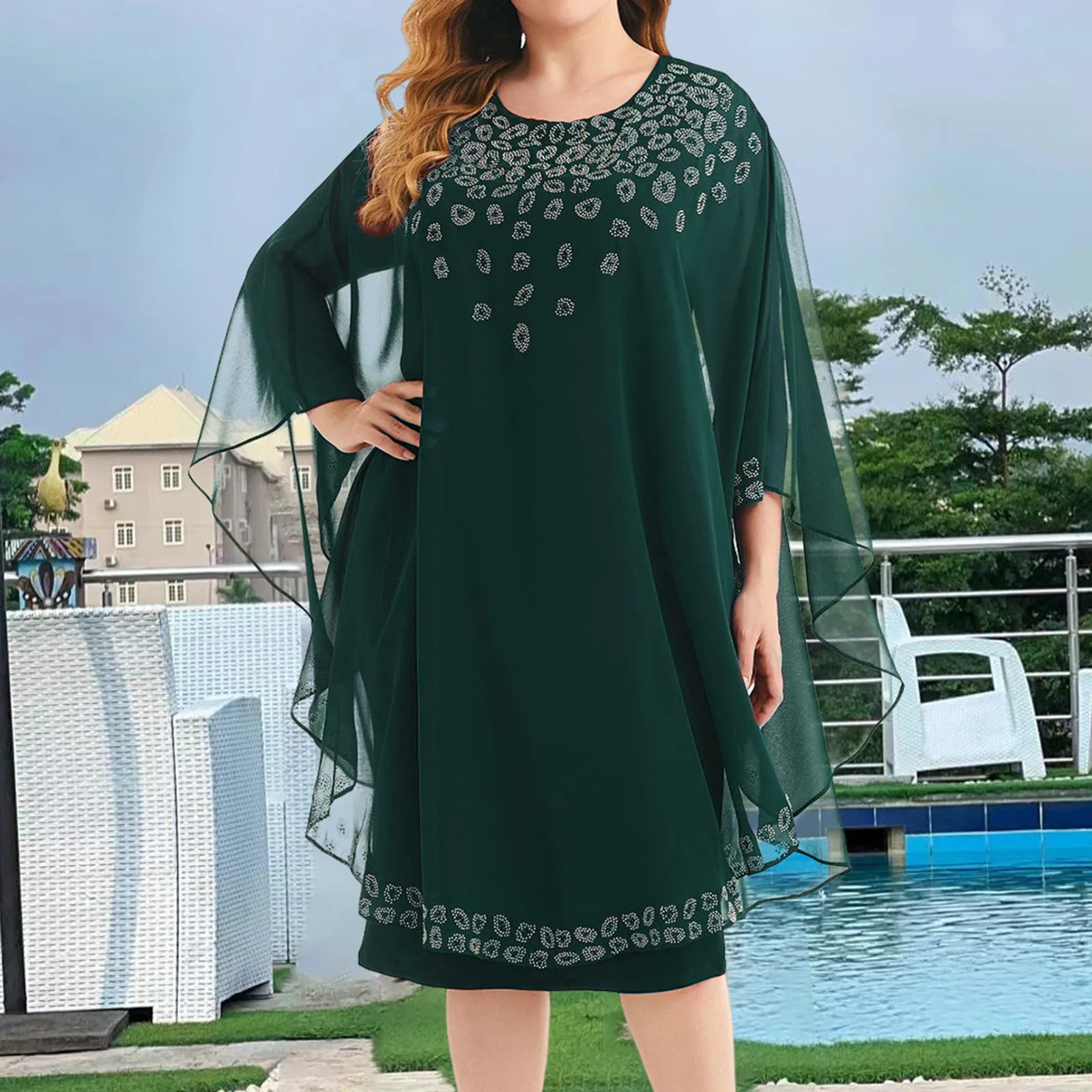 

Женское шифоновое платье-накидка с круглым вырезом, полурукавом и принтом