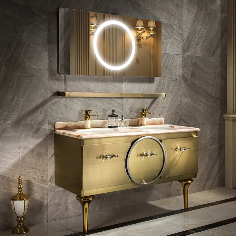

Light luxury stainless steel bathroom cabinet smart luxury villa hotel washbasin cabinet mirror simple double basin combination