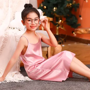 Imported Summer New Girl Nightgown Dress 2022 Solid Silk Satin Sling Kids Princess Nightdress Cheap  Nightie 