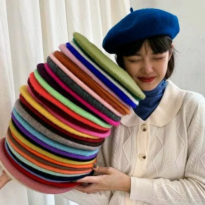 

Women's wool beret French artist's wind protection warm winter beanie hat Retro solid beret solid color elegant women's full fal
