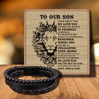 mom and dad to my son man beaded leather bracelet mixed leather lava stone beads mens leather bracelet genuine leather and vol