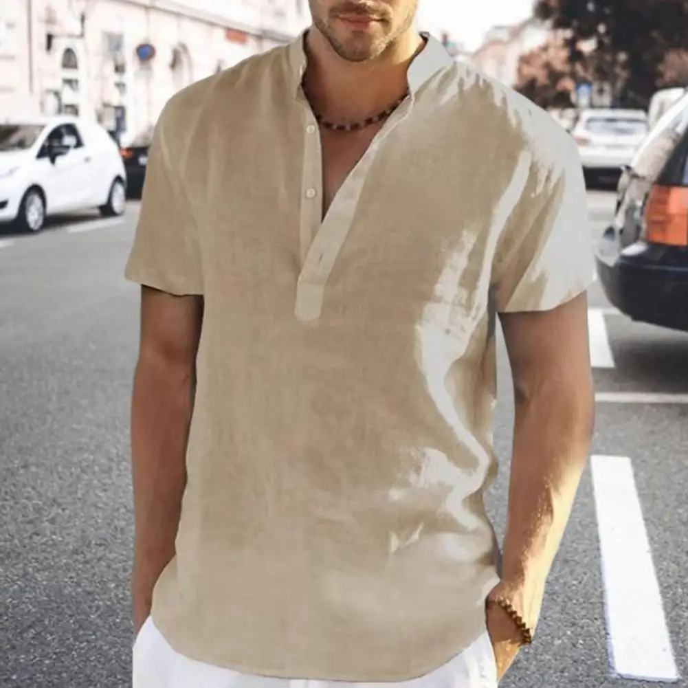 

Men Shirt Top Summer Stand Collar V-neck Men Shirt Buttons Half Placket Short Sleeve Male Shirt Thin Tee Shirt Streetwear