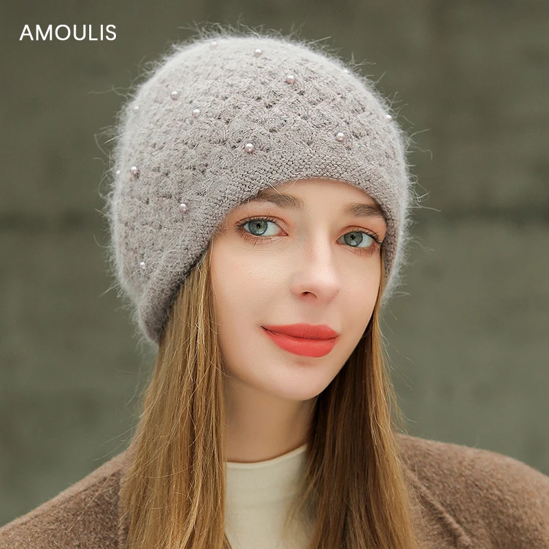 

Женская зимняя шапка AMOULIS из кроличьего меха, утолщенные модные облегающие шапки для женщин, двухслойная Модная вязаная крючком шапка с жем...