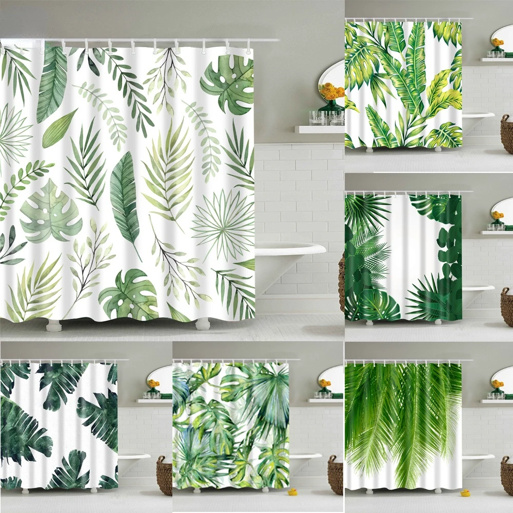 

Tropical Green Plant Leaf Palm Cactus Shower Curtain Landscape Bathroom Curtain Frabic Waterproof Polyester bath Blackout Screen