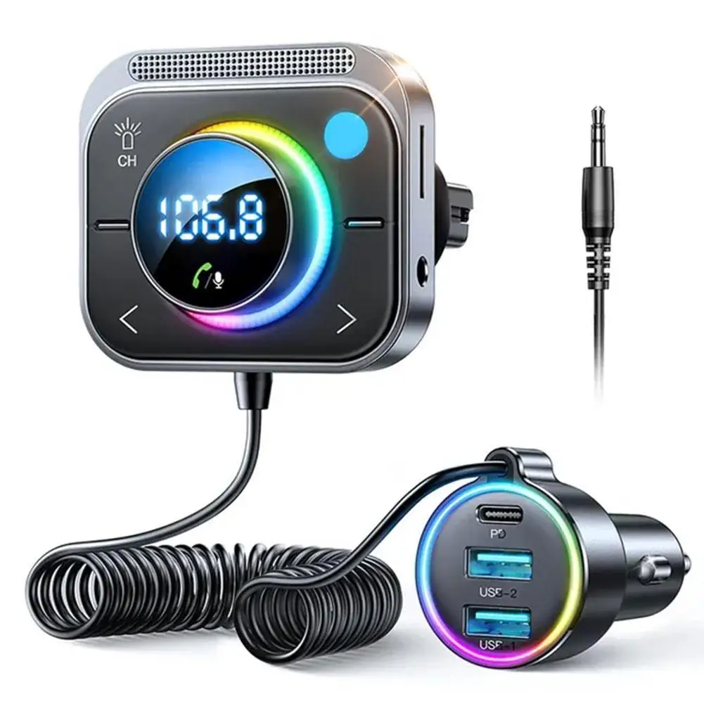 

Автомобильный передатчик Bluetooth 5,3 FM/AUX Bluetooth, автомобильный адаптер с установкой на вентиляционное отверстие и басами, 3 порта PD и QC 3,0 FM Bluetooth