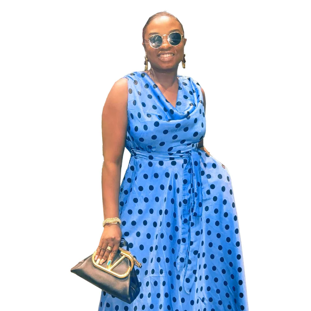 Plus Size Women Clothing Sexy Slim Fit Polka Dot Print Party Dresses Large Strap Waist Fold Floor Dress Sleeveless High Waisted