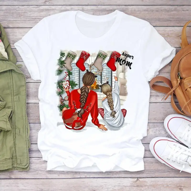 

Women Cartoon Holiday Merry Christmas New Year Print T-shirts Top Mom Mama Love 90s Tshirt Ladies Graphic Travel Tees T-Shirt