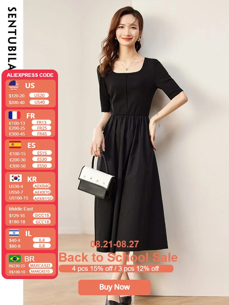

Sentubila Vintage Black Dress for Women 2023 Summer Fashion Elegant A-Line Short Sleeves Midi Women Formal Dress Female Clothing