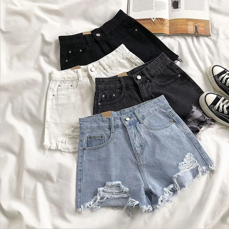 Women Summer Plus Size Pocket Tassel Hole Ripped Jeans Short Female Femme Short Pants Women Casual High Waist Denim Shorts