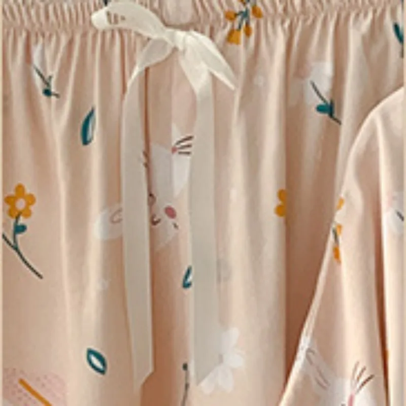 Young La Short Sleeve Pajama Suit One-Size Japanese Style Top Print Round Collar Cotton Set Girl Two Pieces Costume For Sleeping